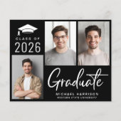 Carte d'annonce de remise de diplôme noire avec 3  (Devant)