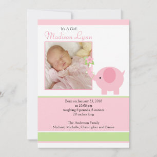 Carte d'annonce photo de bébé fille à l'éléphant r