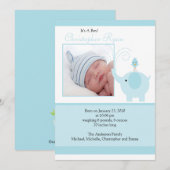 Carte d'annonce photo de bébé garçon éléphant bleu (Devant / Derrière)