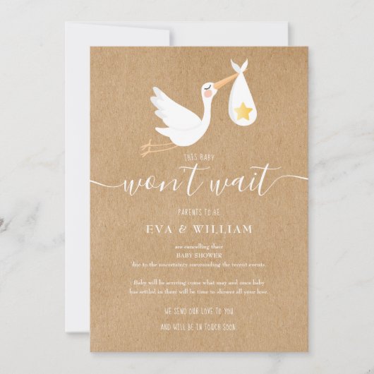 Carte d'annulation de baby shower rustique avec co (Devant)