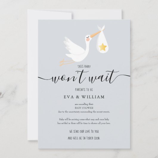 Carte d'annulation du Baby shower de la cigogne (Devant)