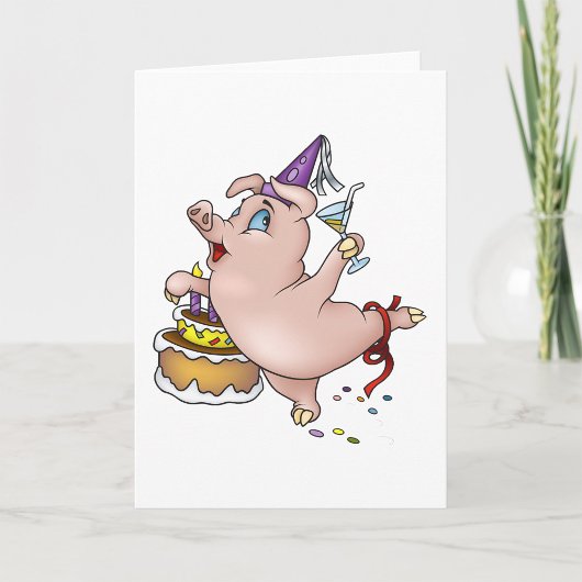 Carte Danse Anniversaire Cochon avec gâteau et cocktail