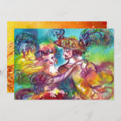 Carte DANSE DE CARNAVAL, rose bleu jaune vibrant paillet (Devant / Derrière)