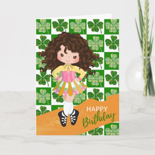 Carte Danse irlandaise shamrock Brunette Fille Anniversa (Devant)