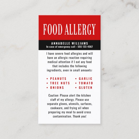Carte D'appel Alerte d'allergie alimentaire (Devant)