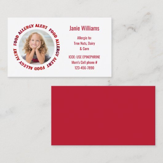 Carte D'appel Alerte Médicale d'allergie alimentaire faite sur (Devant / Derrière)