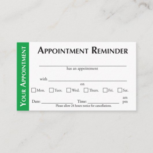 Carte D'appel Appointment Reminder Cards - Green (Devant)