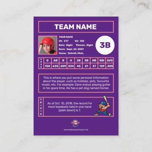 Carte D'appel Baseball Trading Card Purple Back - Statistiques P (Dos)