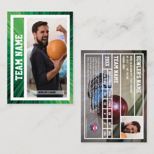 Carte D'appel Bowling Trading Card Tournoi Souvenir Vert (Devant / Derrière)