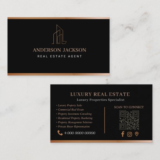 Carte D'appel Code QR Agent Immobilier Luxe Noir Or (Devant / Derrière)
