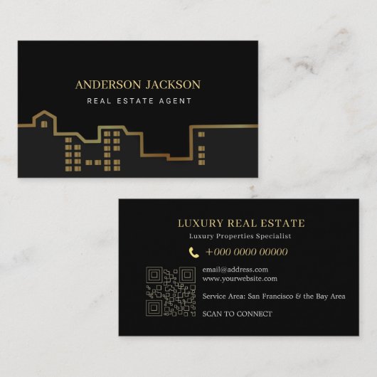 Carte D'appel Code QR Agent Immobilier Luxe Noir Or (Devant / Derrière)