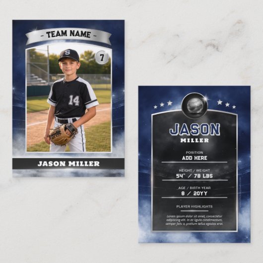 Carte D'appel Custom Baseball Trading Card, Blue Silver Stadium (Devant / Derrière)