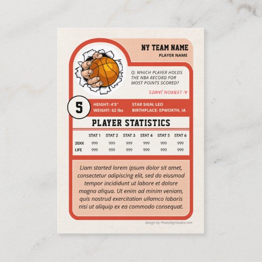Carte D'appel Custom Basketball Trading Card, Retro Player Card (Dos)