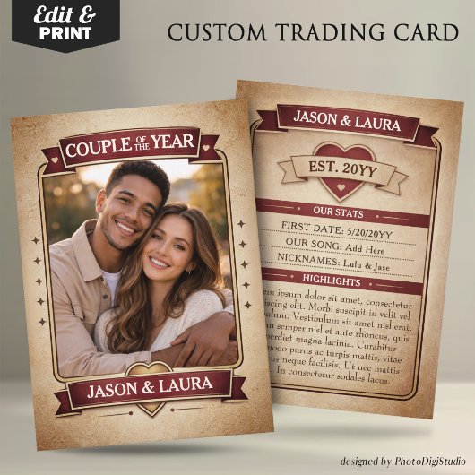 Carte D'appel Custom Couple Trading Card, Custom Anniversary 