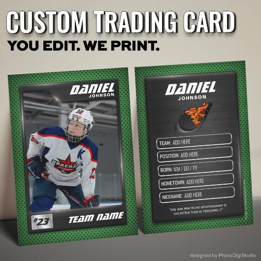 Carte D'appel Custom Hockey Trading Card, Green Graphite Player