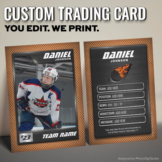 Carte D'appel Custom Hockey Trading Card, Orange Graphite Player