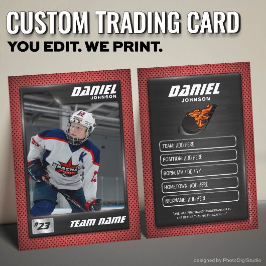 Carte D'appel Custom Hockey Trading Card, Red Graphite Player