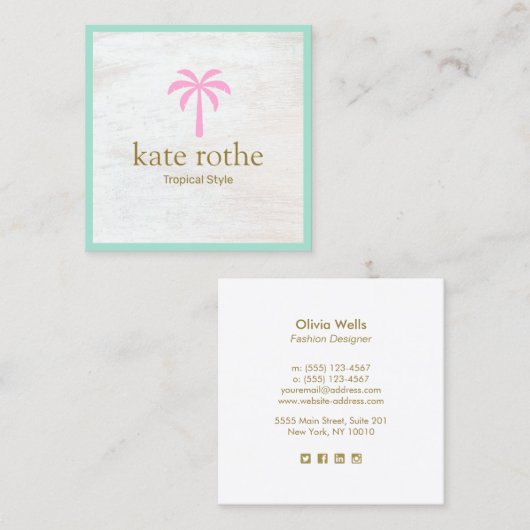 Carte D'appel Cute Tropical Palm Tree Rose Blanc Bois Appelant C (Devant / Derrière)