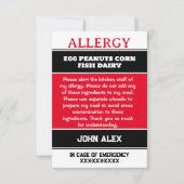 Carte d'appel d'urgence du restaurant Allergy Aler (Devant)