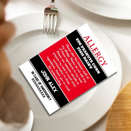 Carte d'appel d'urgence du restaurant Allergy Aler