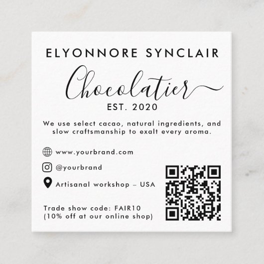 Carte D'appel Elegant Script Chocolatier Brand Photo QR Code (Devant)