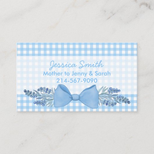 Carte D'appel En vichy Bleu Doux avec Fleurs et maman Bow (Devant)
