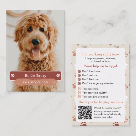 Carte D'appel Explication de l'étiquette du chien de service pou (Devant / Derrière)