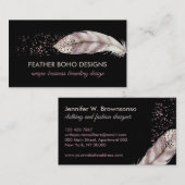 Carte D'appel Fille Boho Noir Plumes d'oiseaux roses (Devant / Derrière)