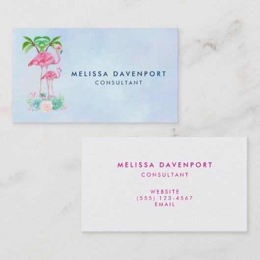 Carte D'appel Flamant rose rose Momma & bébé avec palmiers (Devant / Derrière)
