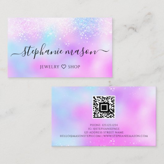 Carte D'appel Holographique Parties scintillant Pastel QR Code G (Devant / Derrière)