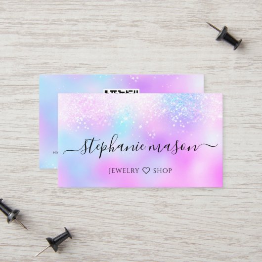 Carte D'appel Holographique Parties scintillant Pastel QR Code G (Devant/Arrière en situation)