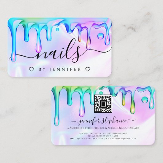 Carte D'appel Holographique Polonais Drips Nails QR Code (Devant / Derrière)