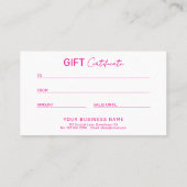 Carte D'appel Hot Pink Professional Business Gift Certificate (Dos)