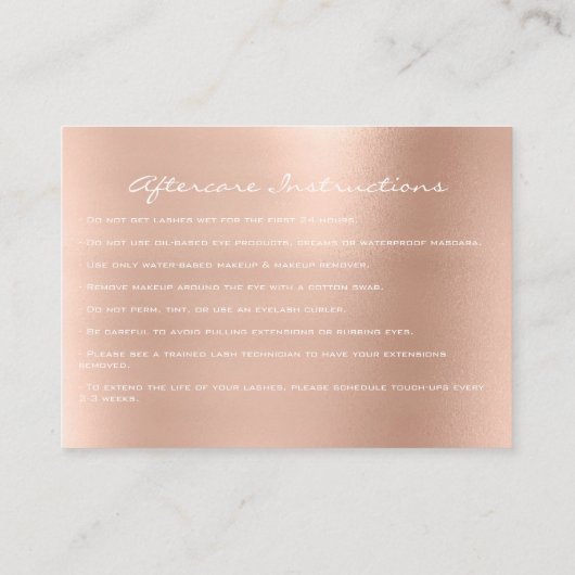 Carte D'appel Lashes Prolongation Instructions Après Soins Spark (Dos)