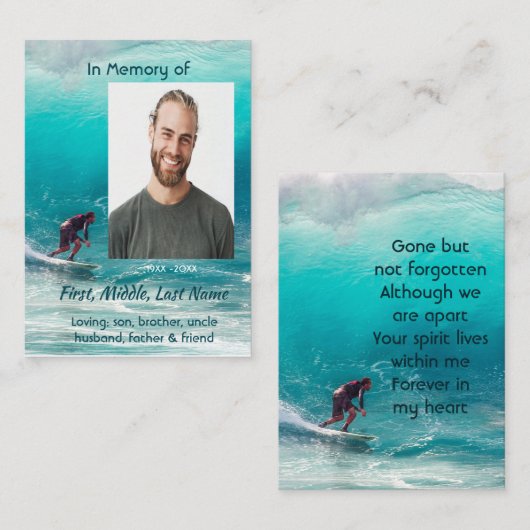 Carte D'appel Memorial Service Wave Surfer Water (Devant / Derrière)