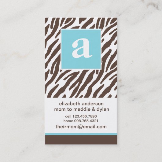 Carte D'appel Monogramme bleu et impression zèbre (Devant)