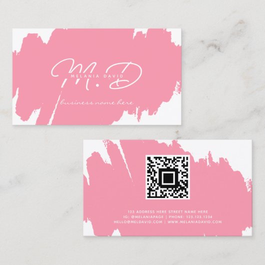 Carte D'appel Monogramme personnalisé rose blanc moderne Code QR (Devant / Derrière)