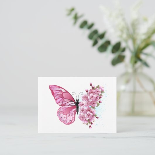 Carte D'appel Papillon à fleurs avec Sakura rose (Debout devant)