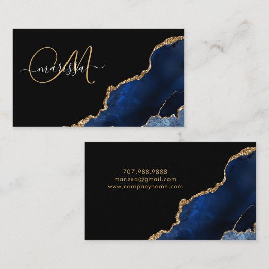 Carte D'appel Parties scintillant d'or bleu Géode Monogramme (Devant / Derrière)