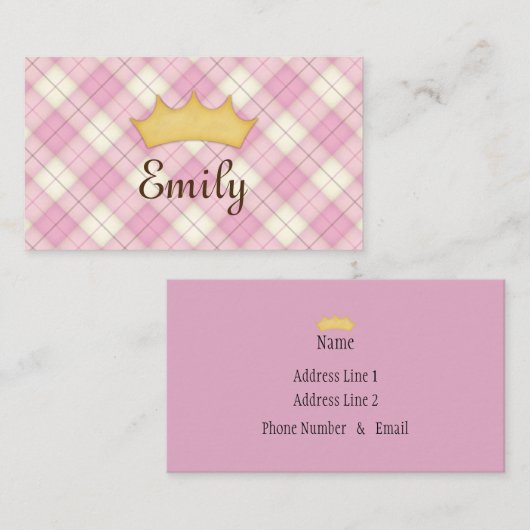 Carte d'appel personnalisée Princesse Plaid rose (Devant / Derrière)