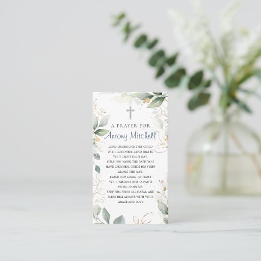 Carte D'appel Prière Baptême croisée de feuillage vert or (Debout devant)