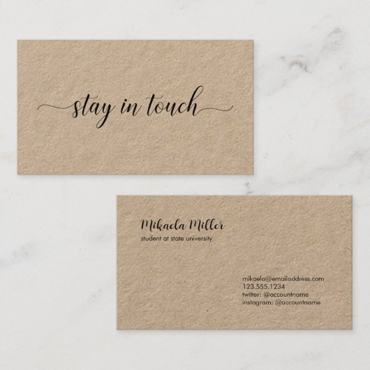Carte D'appel Restez En Contact Élégant Script Noir Kraft (Devant / Derrière)