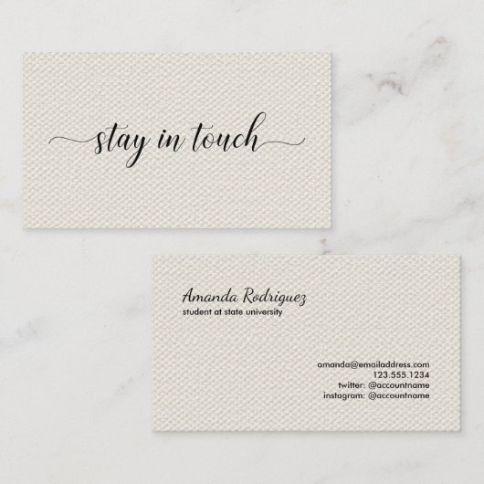 Carte D'appel Restez en contact Élégant Script sur toile beige F (Devant / Derrière)