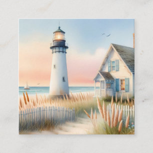 Carte D'appel Scène aquarelle d'un phare et d'un cottage au bord