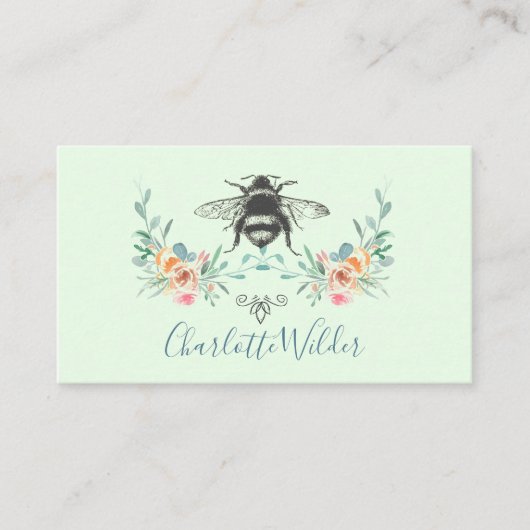 Carte D'appel Signature de script Personnalisé Bee Floral Vert (Devant)