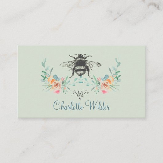 Carte D'appel Signature de script Personnalisé Bee Floral Vert (Devant)