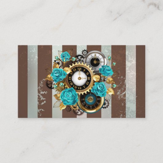 Carte D'appel Steampunk Clock and Turquoise Roses on Striped (Devant)