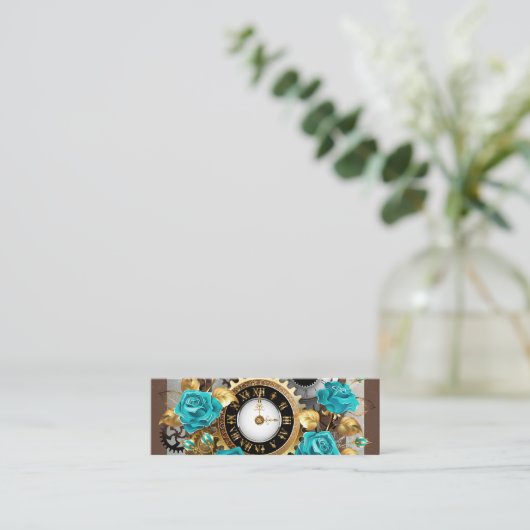 Carte D'appel Steampunk Clock and Turquoise Roses on Striped (Debout devant)
