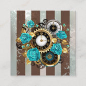Carte D'appel Steampunk Clock and Turquoise Roses on Striped (Devant)