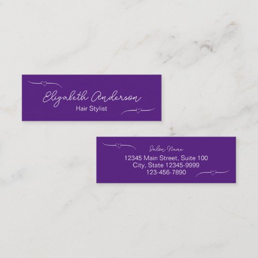 Carte D'appel Styliste des cheveux Purple White Coeur manuscrit (Devant / Derrière)